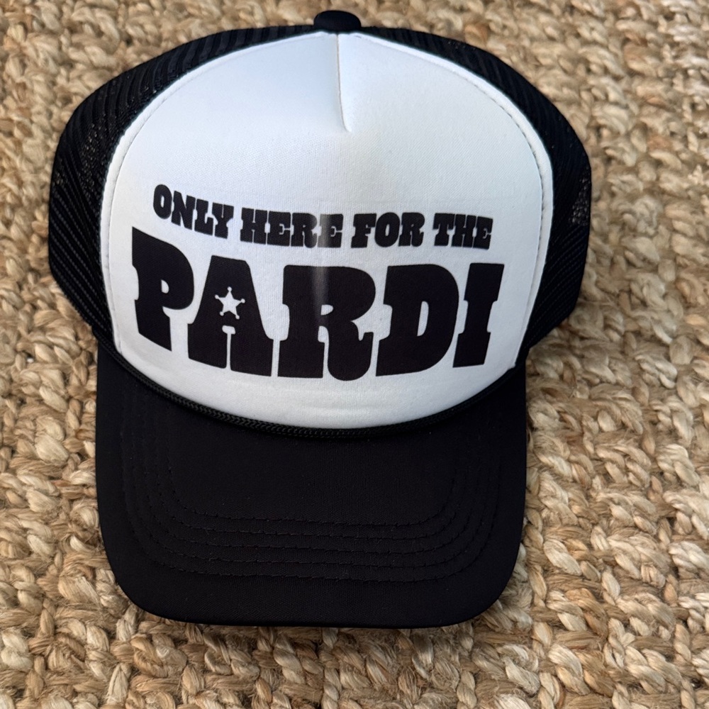 Black and White Trucker Hat only here for the pardi text